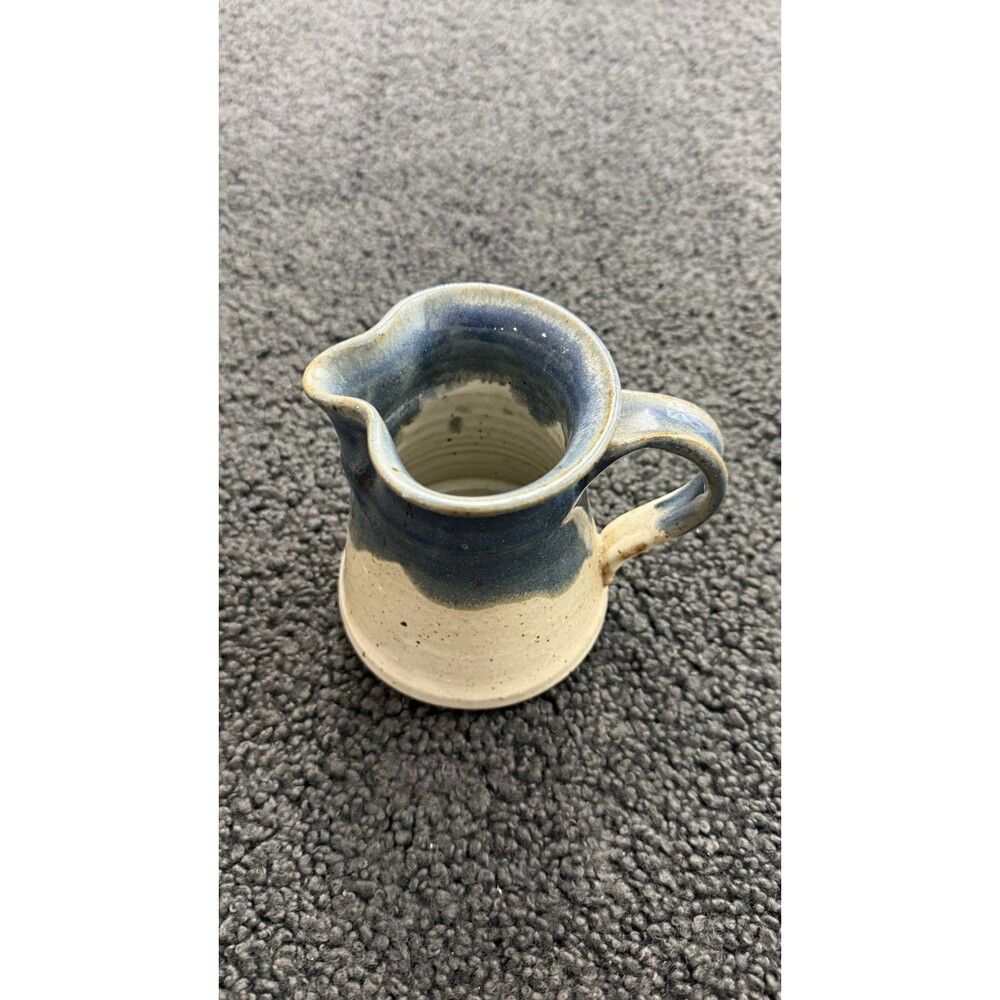 Beautiful Signed Handmade Glazed Pottery Creamer Blue & Cream Keora